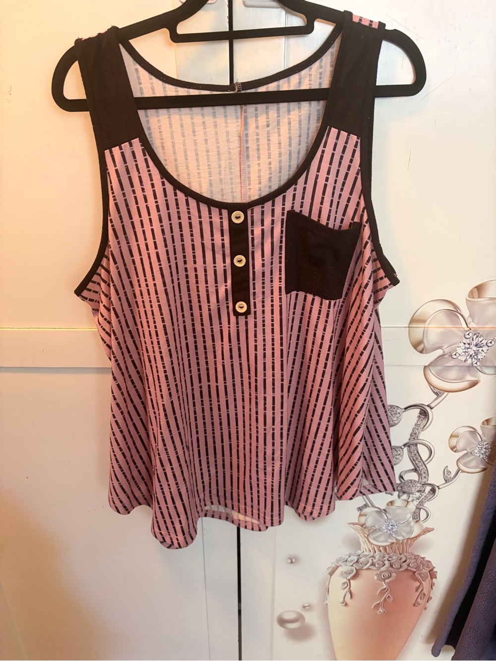 Pink Striped Muscle Tank with Black Trim and Pocket